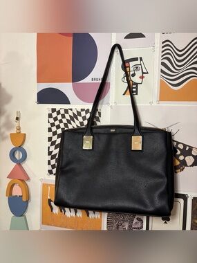 DKNY Black Pebbled Leather Shoulder Tote with Gold-Tone Accents
